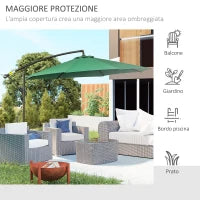 Ombrellone da Esterni Decentrato con Manovella, in Acciaio e Poliestere Anti-UV, 3x2.5 m, Verde