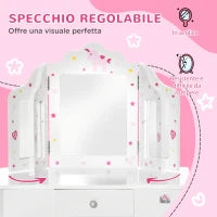 Toeletta per Bambini con Sgabello, Tavolo Trucco con Triplo Specchio e Cassetto, 63x40x85.5cm, Bianco