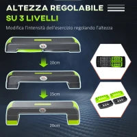 Step Fitness per Aerobica Regolabile su 3 Altezze 10-15-20 cm in Plastica, Verde e Grigio