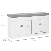 Panca Scarpiera Salvaspazio in Legno con Cuscino, 2 Cassetti con Mensola Regolabile per 8 Scarpe, 104x24x55cm, Bianco