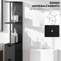 Mobile Colonna Salvaspazio in Legno con Ripiani, Armadietto e Cassetti, Nero, 15x33x136cm