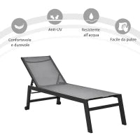 Lettino Sdraio Prendisole in Alluminio e Texteline Schienale Regolabile, Grigio e Nero, 2 Ruote 169x65x102cm