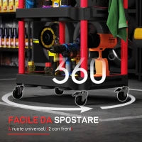 Carrello Porta Attrezzi a 3 Livelli in Plastica con Pannello Forato Laterale, Nero e Rosso