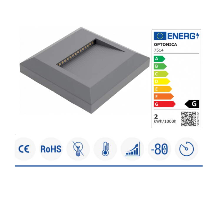 Proiettore led per scale quadrato corpo grigio ip65 2 watt luce neutra 4000k