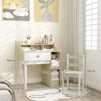 Set Scrivania per Bambini e Sedia in Legno con Scaffale e Cassetto, Età 3-10 Anni, Bianco e Legno