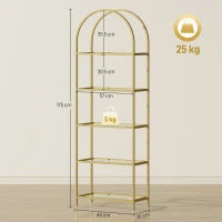 Scaffale Portaoggetti ad Arco a 5 Ripiani in Acciaio e Vetro Temperato, 60x30x175 cm, Oro
