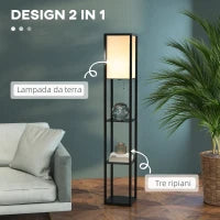 Lampada a Terra 40W con 3 Mensole Integrate e Interruttore a Pedale, Lampada Moderna in MDF e PS, 26x26x160 cm, Nero e Bianco
