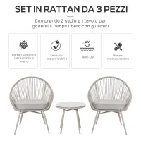 Set da Giardino in Rattan Sintetico Stile Boho con Tavolino e 2 Sedie, Bianco Crema