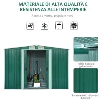 Casetta da Giardino Porta Utensili in Lamiera di Acciaio, Capanno da Giardino in Acciaio con Base e Porte Scorrevoli, 258x206x178cm, Verde