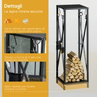 Portalegna da Interno ed Esterno Salvaspazio in Metallo con Paletta, Scopino, Attizzatoio e Pinza, 34x34x111cm, Nero