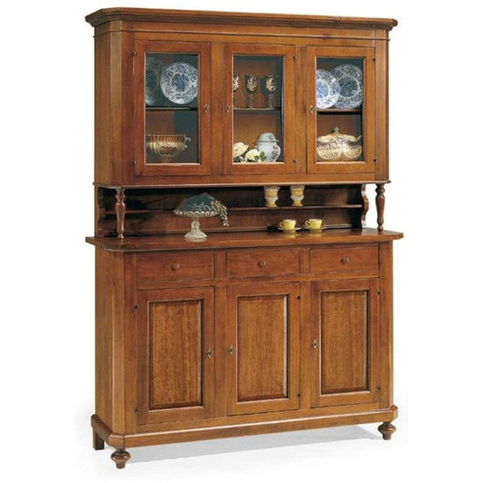 Cristalliera 6 ante 3 cassetti arte povera in legno massello e mdf con rifinitura in noce 150x43x218 H