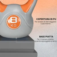 Kettlebell 8kg in PU e Sabbia con Base Piatta e Impugnatura per Stacchi, Squat e Sollevamenti, 20x14x24 cm, Arancione