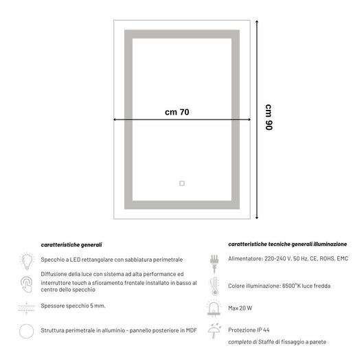 Specchio 5 mm rettangolare squadrato cornice led interruttore touch *** misure 70x90 cm, tonalità standard 6000-6500...