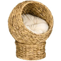 Cuccia Rialzata per Gatti in Vimini, con Cuscino in Cotone, Marrone e Bianco, 40x37x51 cm