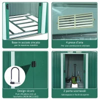 Casetta da Giardino Porta Utensili in Lamiera di Acciaio, Capanno da Giardino in Acciaio con Base e Porte Scorrevoli, 258x206x178cm, Verde