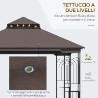Gazebo da Giardino 3x3m con Zanzariera e Tetto a 2 Livelli, Mensole Laterali e Ganci, Caffè