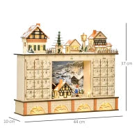 Calendario dell'Avvento in Legno con 24 Cassetti da Riempire, Decorazione con Villaggio di Natale e Luci, 44x10x37cm