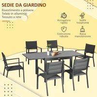 Set da Giardino con Tavolo Allungabile in Alluminio e 6 Sedie con Seduta Traspirante, Grigio