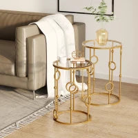 Set 2 Pezzi Tavolini da Caffè Design Elegante con Motivi a Cerchio, Metallo e Vetro Temperato Φ41x57cm & Φ36x51cm, Oro
