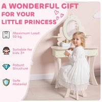 Set Toeletta con Specchio e Sgabello in Legno 2 in 1 per Bambini con 7 Accessori Inclusi, Rosa