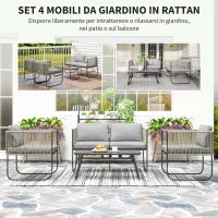 Set da Giardino Rattan con Divanetto 2 Posti, 2 Poltrone e Tavolino in Vetro, Cuscini Sfoderabili, Grigio