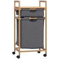 Cesto Portabiancheria con 2 Scomparti e Ruote, Sacchi in Tessuto e Struttura in Bambù, 42x35x84.5cm
