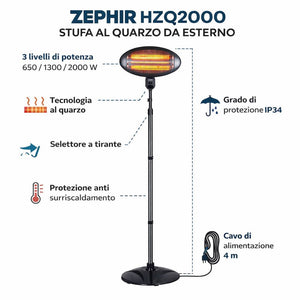 Zephir hzq2000 stufa da esterno al quarzo 2000w con 3 potenze