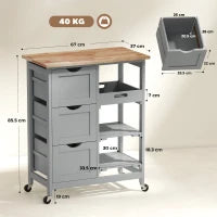 Carrello da cucina su ruote con piano in legno, 3 cassetti e piano rimovibile, 67x37x85,5 cm, Grigio