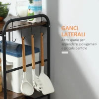 Carrello da Cucina con 2 Cesti estraibili in Metallo, 2 ripiani in Legno Truciolato e Ganci laterali, 40x38x111cm