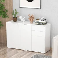 Mobiletto Multiuso in Legno Bianco con 2 Cassetti e 2 Armadietti con Apertura a Pressione, 117x36x74 cm