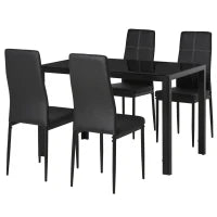 Set 5 Pezzi con 1 Tavolo e 4 Sedie per Cucina o Sala da Pranzo in Finta Pelle, Metallo e Vetro Temperato, Nero