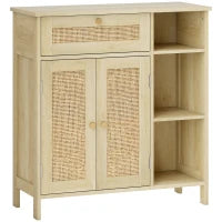 Credenza in legno con 2 porte in rattan, cassetto, nicchie aperte e mensole regolabili, 75x30x79,5cm, Legno naturale