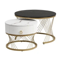 Tavolini Rotondi Modulari in Marmo Sintetico, con Dettagli Dorati e Cassetto, Dimensioni 70x70x45 cm e 50x50x40 cm, Nero e Bianco
