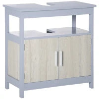 kleankin Mobile Sottolavabo Bagno con Armadietto e Ripiano Aperto, 60x30x62cm, Grigio e Legno Naturale