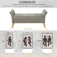 Panca Fondoletto con Vano Contenitore in Stile Vintage, Pouf imbottito, Panca per Ingresso e Camera con Braccioli, Grigio