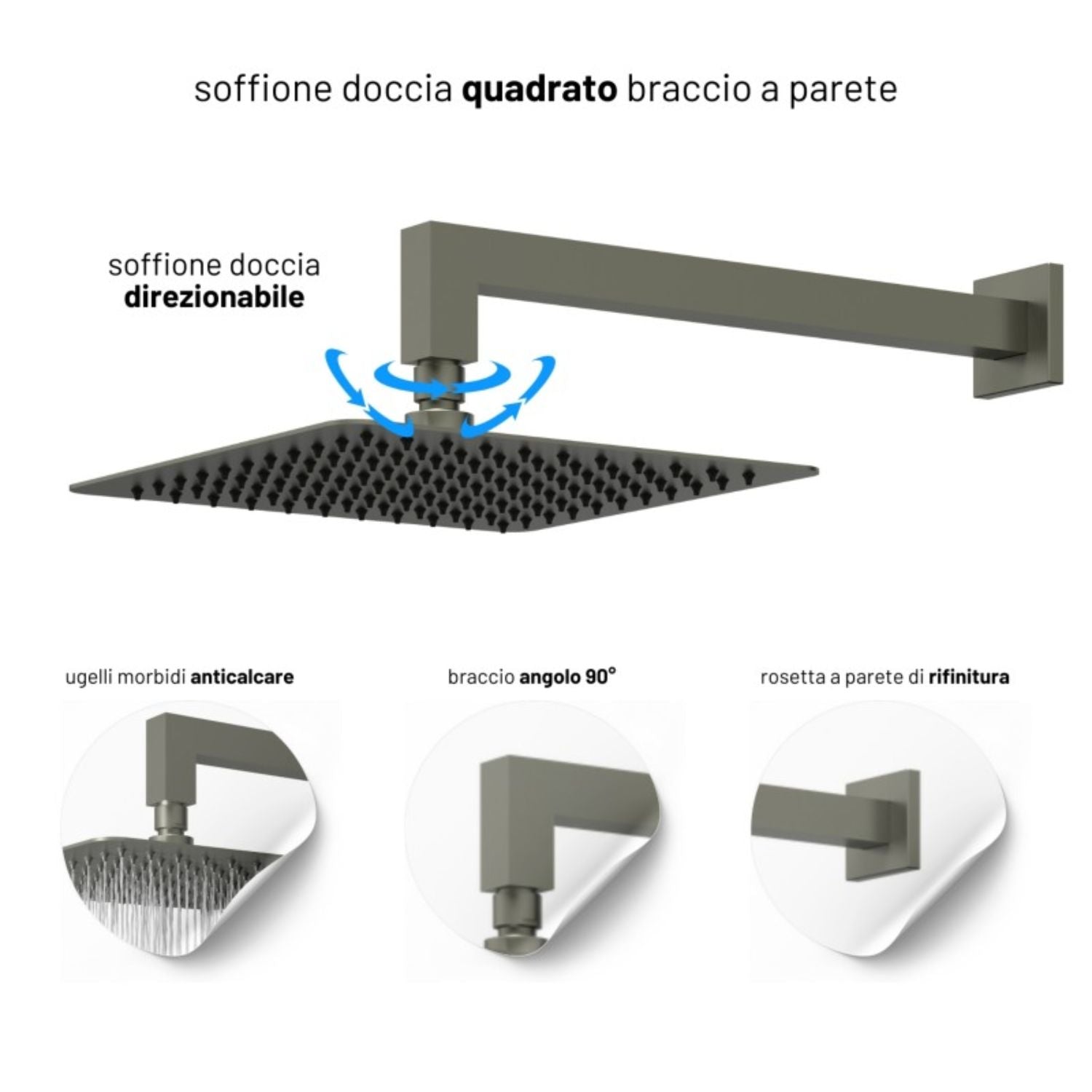 Set per doccia soffione quadro in acciaio inox 25x25 millimetri canna di fucile *** finitura- canna di fucile, confez...