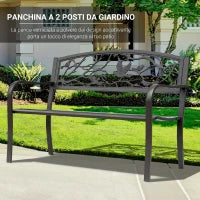 Panchina da giardino Impermeabile Acciaio e Ghisa per Esterni, Schienale con Decorazioni Motivo Naturale, 127x60cm, Marrone