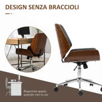 Sedia da Ufficio Vintage Imbottita, in Finta Pelle, Legno e Acciaio, 53x60x86-96 cm, Nero e Marrone Scuro