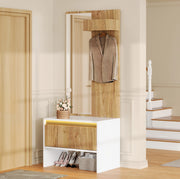 Set ingresso 3 in 1 con appendiabiti; specchio; panca porta scarpe e 2 cassetti; bianco e naturale