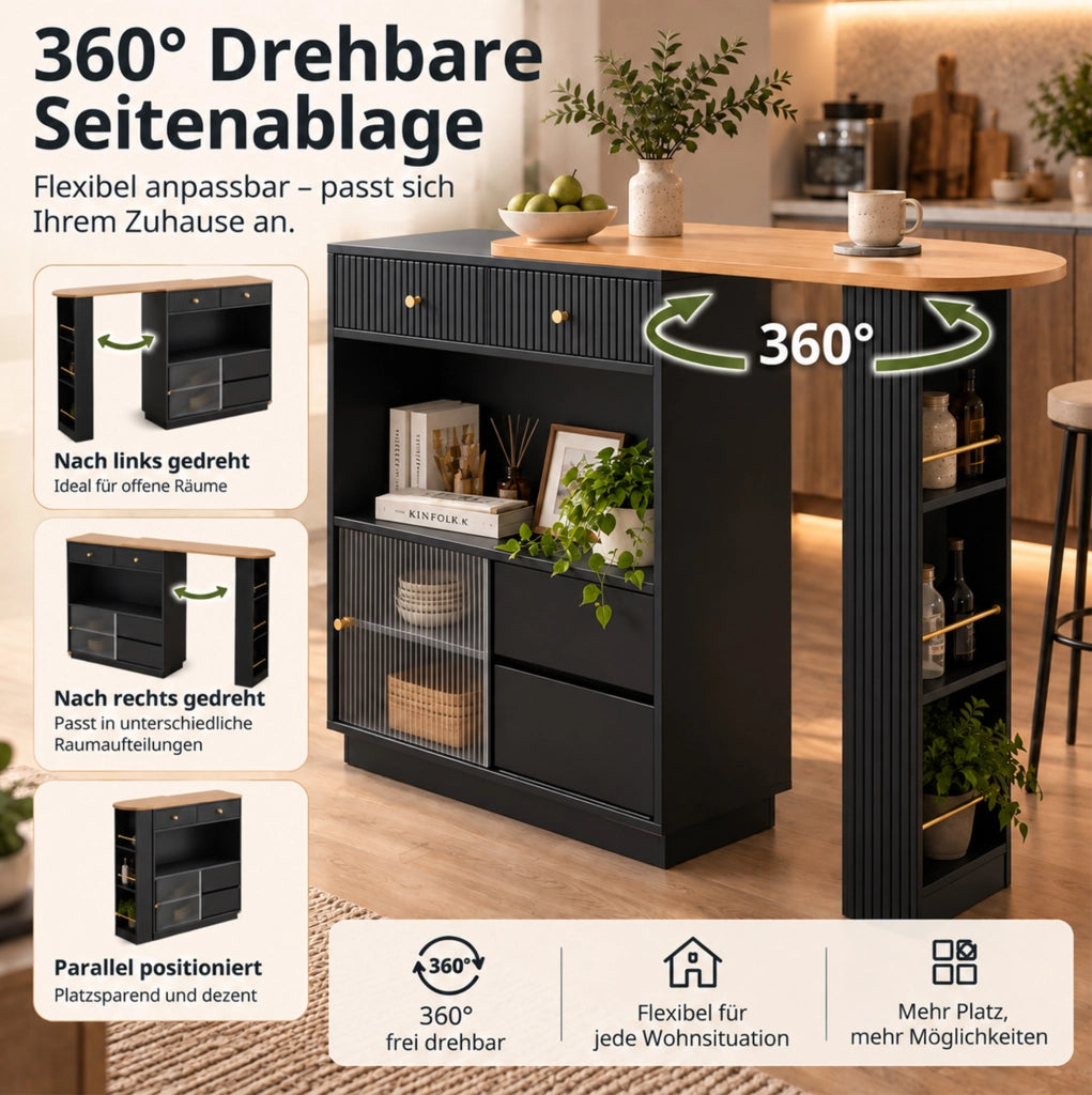 Isola cucina con bancone girevole 360°; LED RGB e vano contenitore; nera