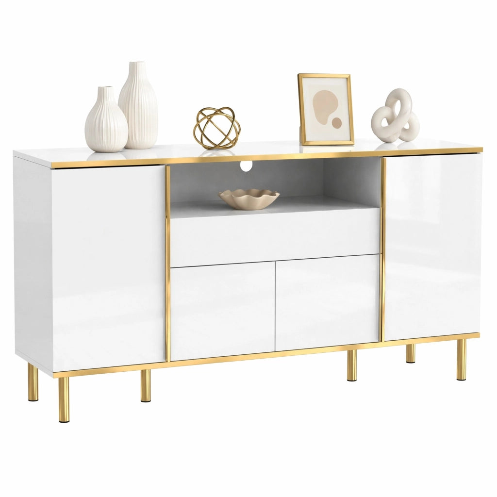 Credenza bianca lucida con LED e dettagli oro
