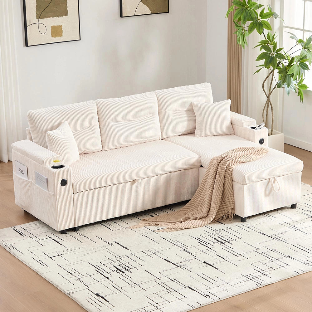 Divano moderno 3 posti - Xylo - Velluto costato, spazio di archiviazione, porta bevande, USB-C, chaise longue idraulica, letto a cassetto