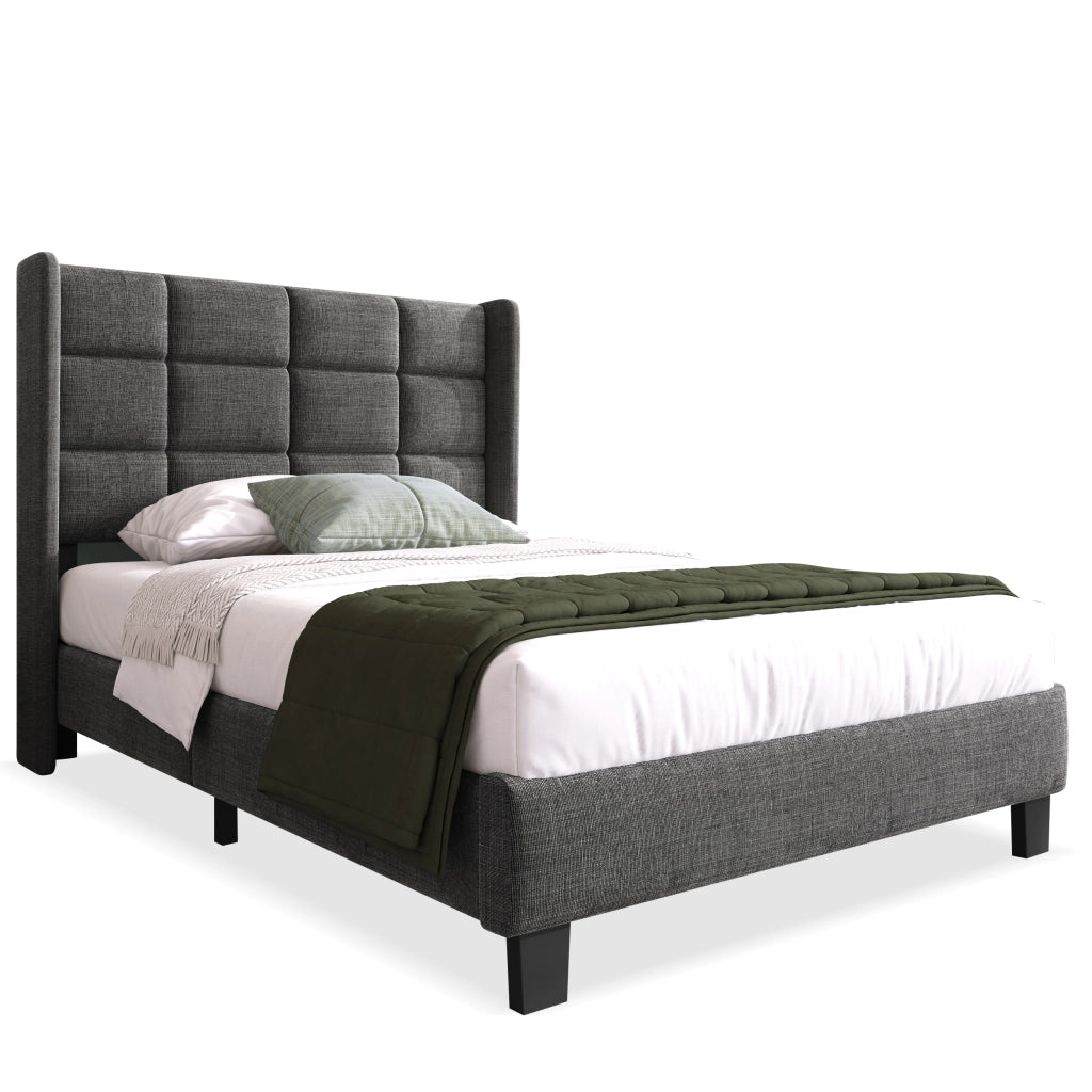 Letto Singolo 1 Posto con Testiera Alta Imbottita; 90×200 cm; senza Materasso; Tessuto di Lino; Grigio
