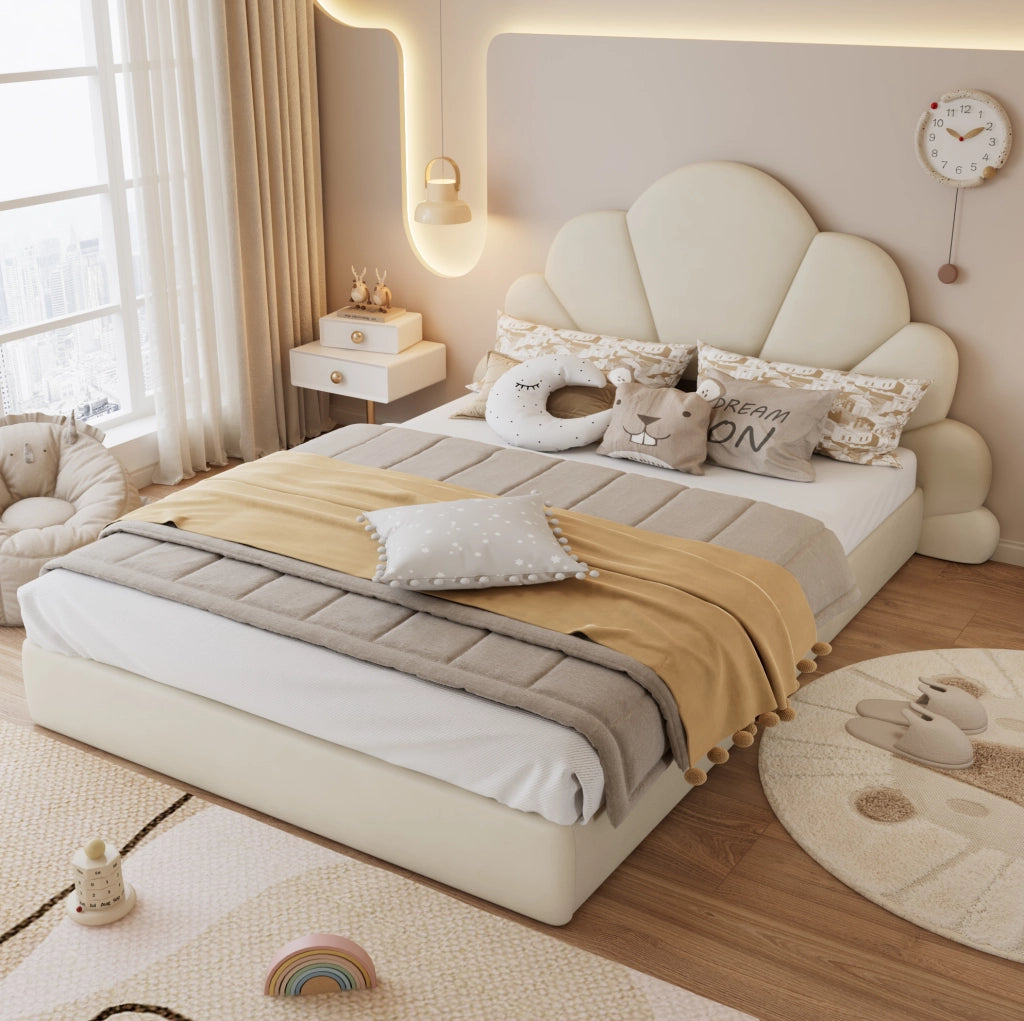 Letto imbottito 140x200 cm con testiera floreale in velluto beige