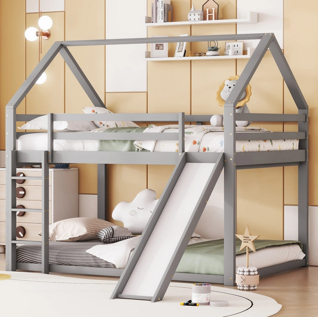 Letto a castello a forma di casa con scivolo e scala, grigio, 140x200 cm