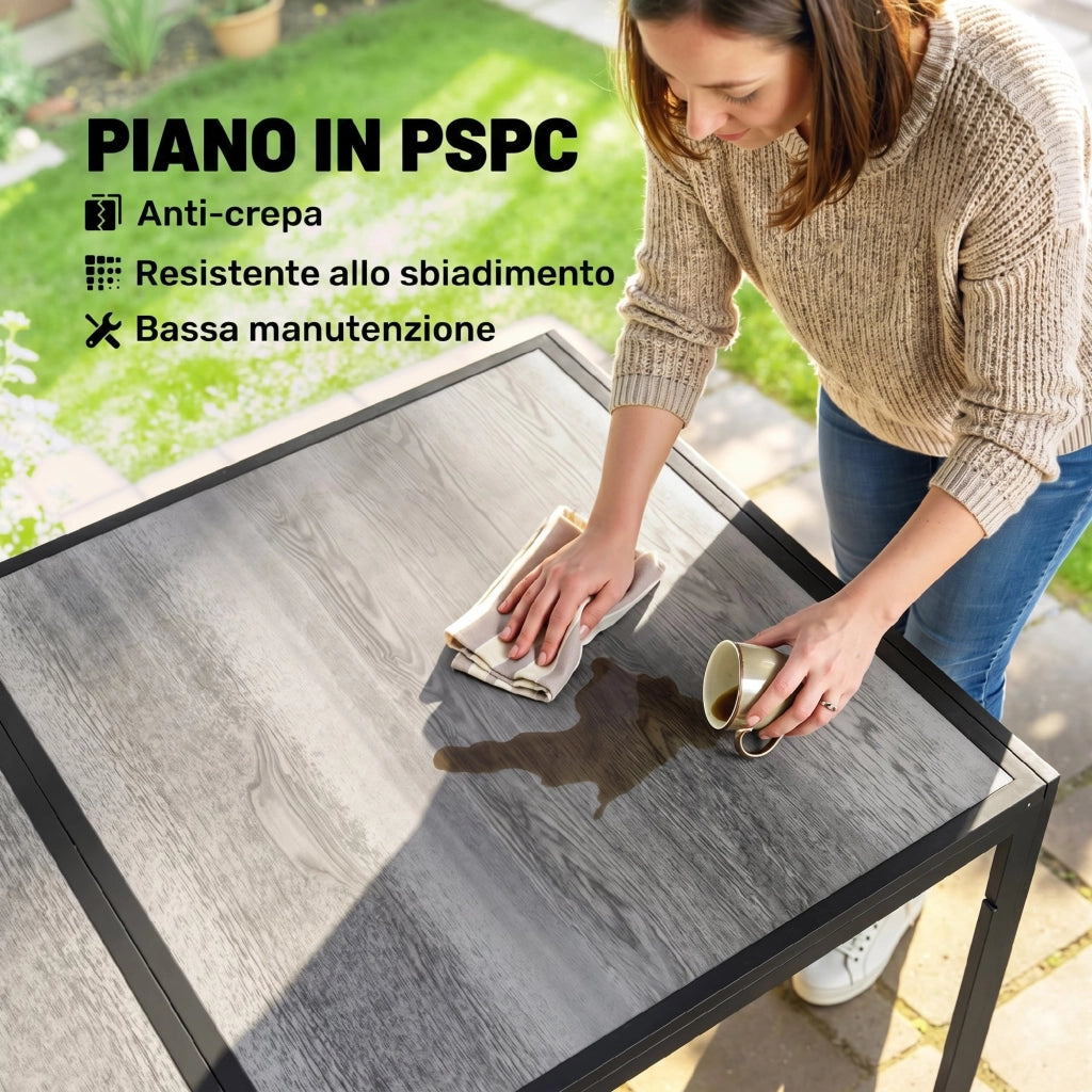Tavolo da Giardino 4-6 Persone con Piano Effetto Legno, in Acciaio e Plastica PSPC, 150x80x74 cm, Grigio e Nero