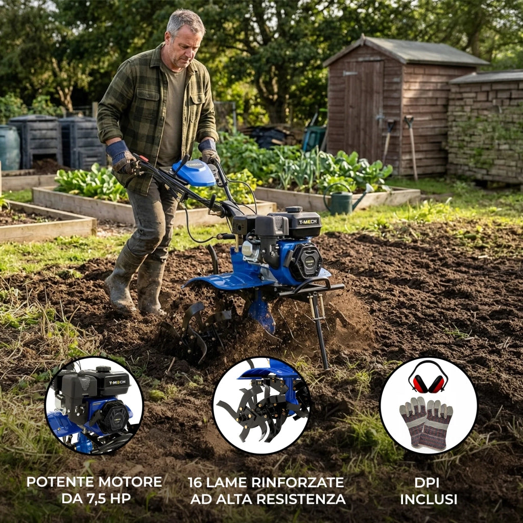 Motozappa 7,5HP Benzina 212cc 4T Coltivatore 16 Lame Giardino