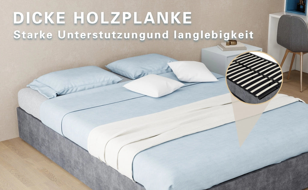 DESMIU Letto 140 × 200 cm 2 posti con struttura rinforzata, senza materasso, in tessuto e metallo, grigio