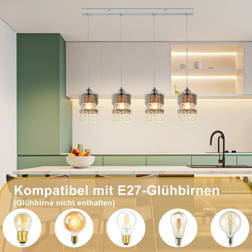 Lampada a Sospensione ZMH Moderna con Cristalli 4 Luci Regolabile Vetro per Sala da Pranzo Senza Lampadina 150cm
