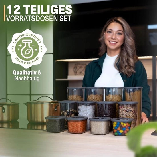 Scatole di conservazione con coperchio, set di 12 pezzi, BPA-free, per il contenimento di muesli, farina e zucchero, contenitore di archiviazione pratica per tutti i prodotti alimentari